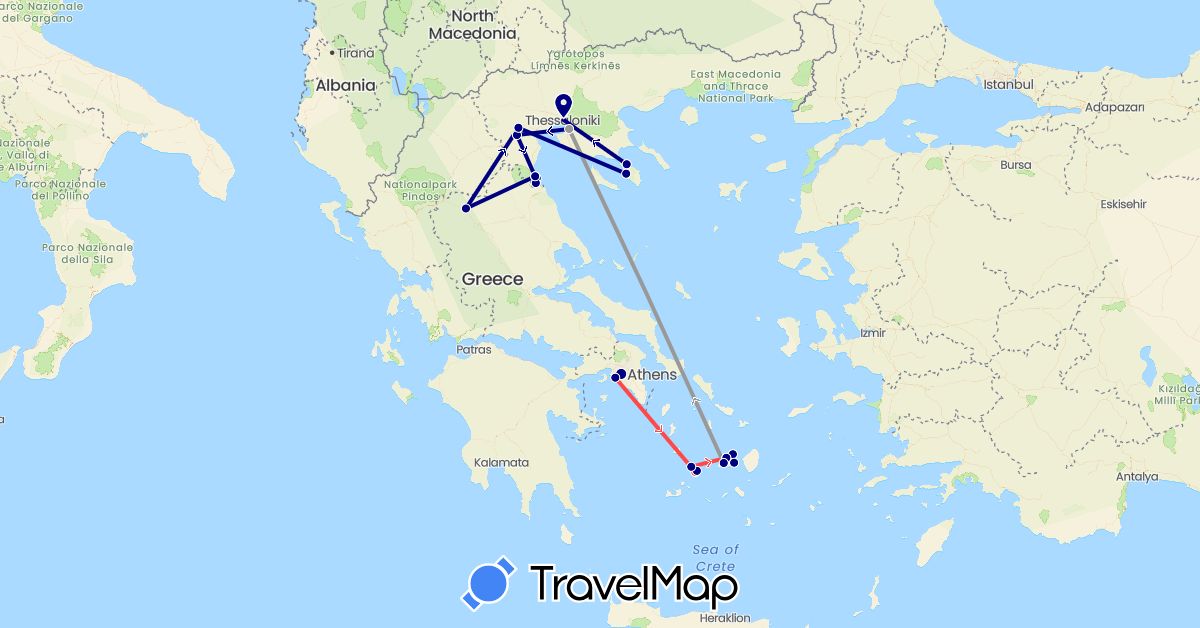 TravelMap itinerary: driving, plane, hiking in Greece (Europe)
